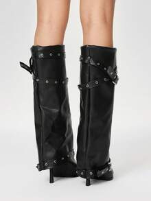 ROMWE Grunge Punk Botines de tacón alto de punta puntiaguda con hebilla para mujer, ideales para el uso diario - Negro - Ver 5