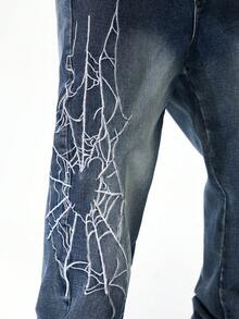 ROMWE MEN Men's Spider Web Pocket Flared Leg Jeans - Blue - View 2