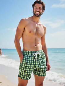 Manfinity Swimmode Men's Plaid Print Drawstring Pocket Beach Shorts Mens Checkered Swim Trunks Men Green Swim Trunk - Multicolor - View 3