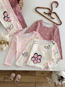 LMoss Kids 2件套女婴针织花卉小熊图案荷叶边领休闲T恤和裤子家居服套装 - 彩色 - 查看 6