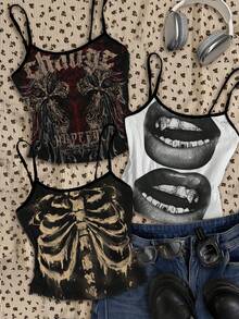 Attitoon 3pcs Casual Street Style Vintage Gothic Cross Skull Lip Print Pattern Women's Tank Tops, Versatile For Summer Spring Beach Outfit - Multicolor - View 7