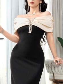 Feyla Women's Elegant Party Color Block Off Shoulder Rhinestone Decor Dress - Black - View 6