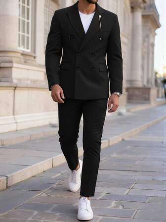 Manfinity Bizformal Men's Black Double-Breasted Notched Lapel Woven Twill Suit Set