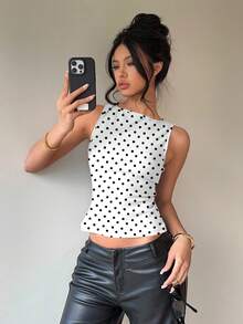 Aloruh 女士休闲无袖衬衫，丝滑面料，夏季服装，超大蝴蝶结后背，波点上衣，夏季衬衫 - 白色 - 查看 2