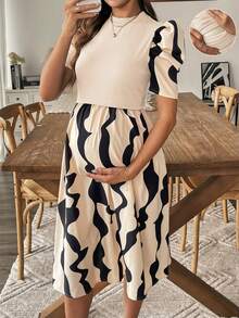 SHEIN 印花孕妇休闲泡泡袖哺乳连衣裙 - 卡其色 - 查看 1