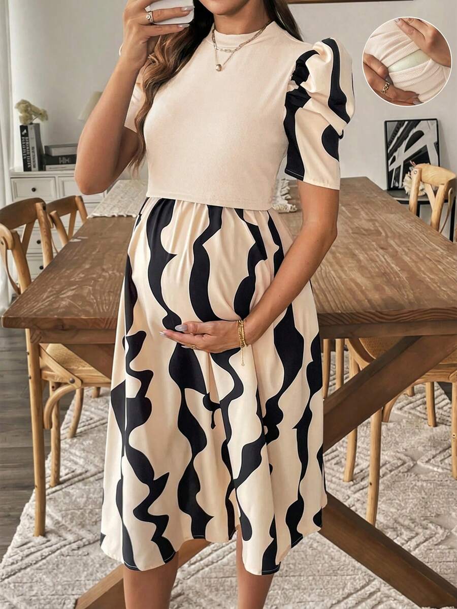 SHEIN 印花孕妇休闲泡泡袖哺乳连衣裙 - 卡其色 - 查看 1
