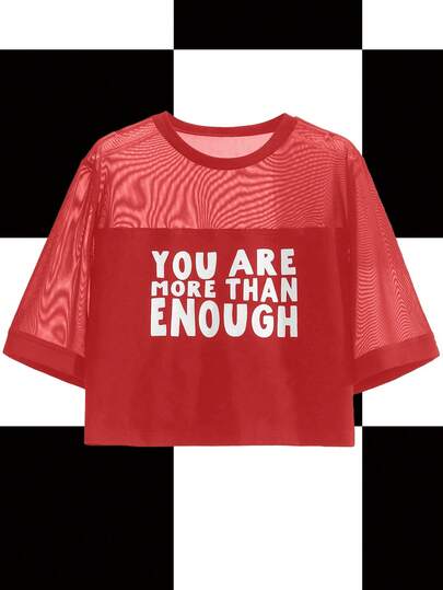 Y2Kool Morgan Reveal Camiseta de malla con panel gráfico con eslogan de artista ERES talla grande QUE SUFICIENTE, 95% algodón, para mujer, color rojo, para verano, primavera, vacaciones, festival, estilo Ibiza, ropa occidental, salida, otoño, idea de combinación, colección casual y elegante, Año Nuevo, Día de San Valentín, tops gráficos recortados, camisetas gráficas recortadas, camisetas recortadas, camisetas gráficas recortadas para mujer, primavera, cumpleaños de mujer, carnaval