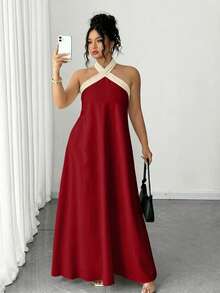Elenzga Collection d'élégance excentrique intemporelle (Vibes Woe Is Me)(Esthétique du mercredi) Robe grande taille à encolure bateauet blocs de couleurs - Rouge foncé - Voir 6