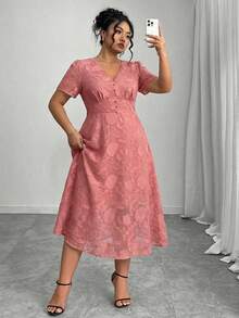 SHEIN Clasi Rochie elegantă de vară din jacquard, mărime plus - Roz praf - Vizualizare 6