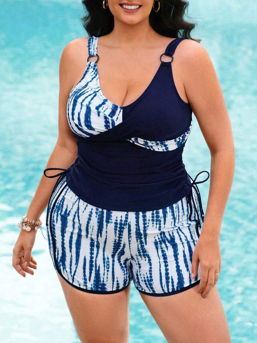 Swim Lushoire Plus Size Women Solid & Tie-Dye Print Patchwork Drawstring Waist Tankini Top & Tie-Dye Print Boyshort Bottoms Two Pieces Swimsuit, Mature Everyday & Vacation - Navy Blue - View 1