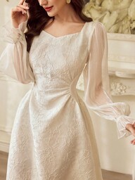 Vintamour فستان كاجوال للعطلات للنساء بأكمام طويلة، طراز أنيق ذو ياقة قلبية مطوية، نسيج جاكارد مزخرف بالأزهار