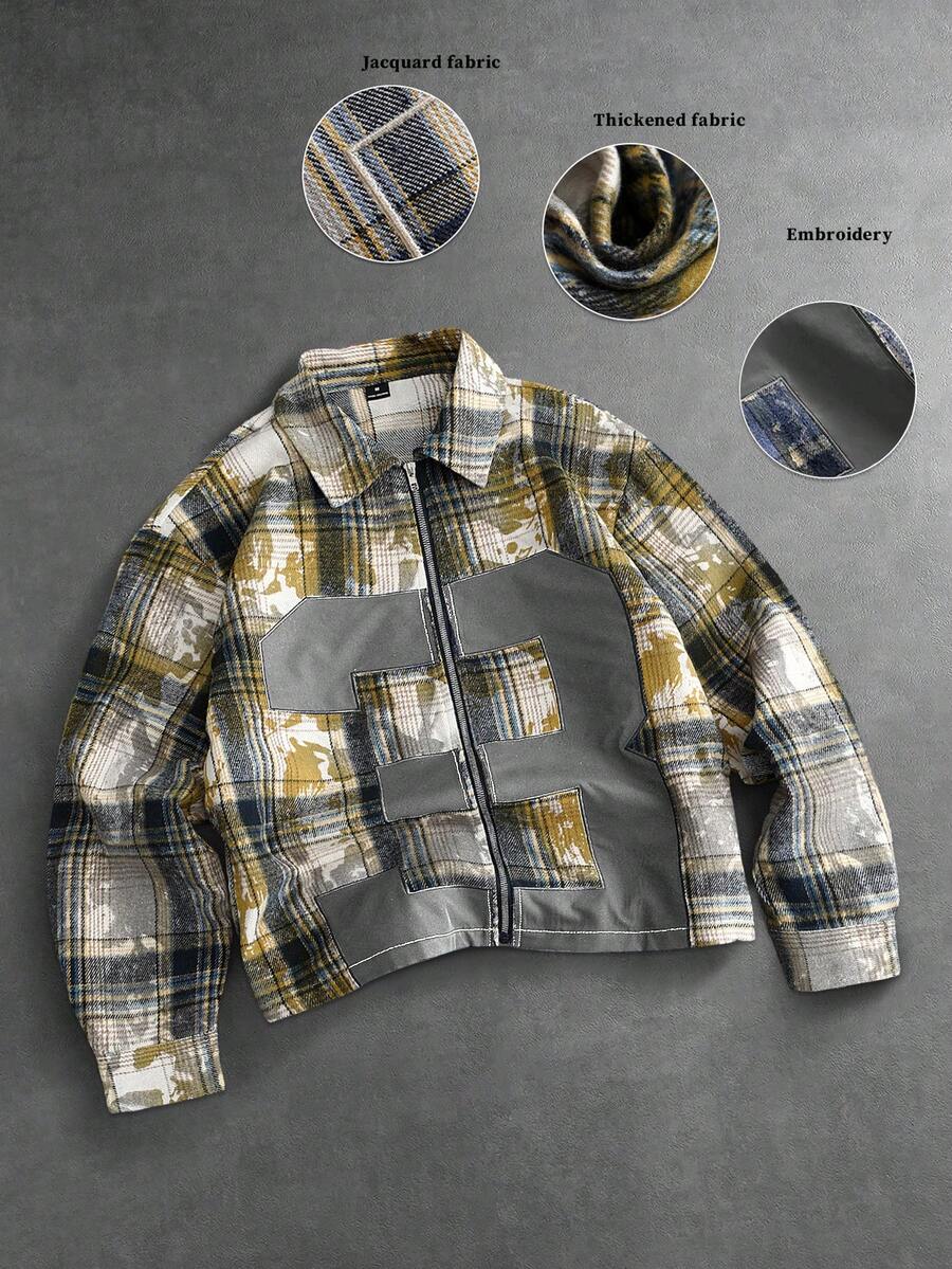 PAVTROS Men's Vintage Checkered Shirt,Baggy,Grunge,Long Sleeve Shirts,Streetwear Long Sleeve Boxy Zip-Front Shirt, Retro Reinterpretation, Classic Checkered And Distressed Pattern, Minimalist Numeric Accents, Striking And Modern, Fusion Of Contemporary And Vintage Styles, Suitable For Casual, Streetwear, Outdoor, Theme Parties, Fashion Outfits, Holiday Gifts, Boyfriend/Husband Gifts - Yellow - View 1
