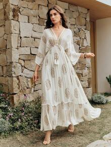 Anewsta Women's New Dress, French Bohemian Style, Classic Paisley Pattern, Cashew Flower Jacquard Vertical Stripe Gold Thread Fabric, Deep V-Neck, Drawstring Waist, Tassel Hem, Casual Holiday Long Dress - Apricot - View 4