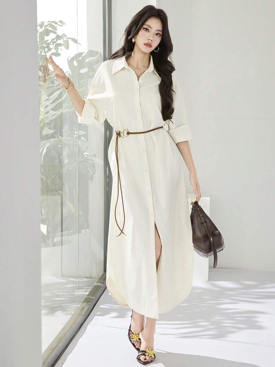 Heiryn New Spring And Summer Casual And Elegant Commuting, Daily Dates, Birthday Parties, Office Wear, Simple And Modern Urban Intellectual Style, Shirt Collar, Lapel, Opening Front, Long Sleeves, Loose Fit, Arc Hem, Long Skirt, Shirt Skirt, Light Yellow Long Dress For Women  Casual Long Dress White Western Dress White Casual Dress Women Women Shirt Dress - Butter Yellow - View 1