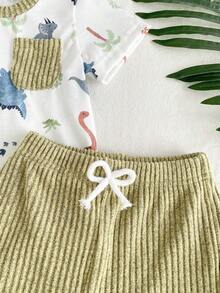 SHEIN Vintaside Kids 2pcs Baby/Baby Boy Ribbed Contrast Color Top And Blue Pants Set, All-Match Casual Comfortable Versatile Outfit For Summer Occasions - Army Green - View 7