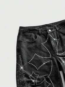 ROMWE MEN Pantalones cortos vaqueros casuales de verano para hombres con cruz de rhinestone - Negro - Ver 3