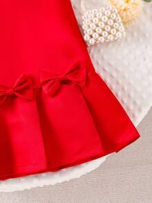 Elladie kids Đầm công chúa màu đỏ trơn không tay, xếp ly, thắt nơ, tối giản, thanh lịch cho bé gái, thích hợp mặc mùa hè, ngày Valentine. - Đỏ - Xem 8