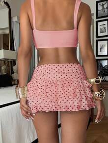 Ronhire Women's Polka Dot Print Layered Ruffle Hem Short Skirt, Fashionable For Spring/Summer - Coral Pink - View 5