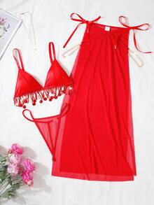 SHEIN 三件套：亮片流苏内衣、丁字裤和金属链条长裙，魅力派对/情人节装扮 - 紅色 - 查看 6