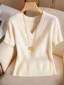 Franclia 女士优雅休闲V领短袖T恤 - 杏色 - 查看 4