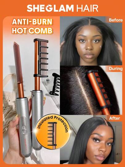 SHEGLAM HAIR Peine alisador anti-quemaduras, alisador de cabello con calentamiento, cepillo de planchado en caliente, 5 ajustes de temperatura, calentamiento rápido en 30 s, apagado automático en 60 min, pantalla LCD, escudo innovador anti-escaldadura, proporciona brillo con menos frizz para pelucas de cabello humano con encaje frontal - Enchufe estadounidense