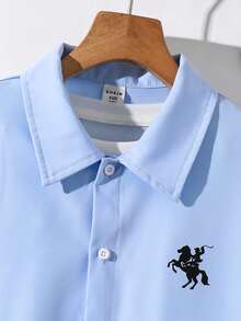 2pcs Kids/Tween Boys' Casual Versatile Comfortable Printed Pattern Polo Collar Ribbon Trim Open Front Short Sleeve Loose Shirt & Solid Woven Shorts Set, Suitable For School, Commute, Daily Casual, Travel, Sports, Spring/Summer/Fall/Winter - Baby Blue - View 7