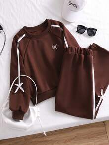 Girls Everyday Casual Brown Raglan Long Sleeve Hoodie And Sweatshirt Co-Ords With Ribbon Detail - Brown - View 9