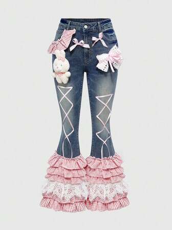 Kawaii Pantaloni a zampa di donna in stile Y2K, femminile, con plaid, pizzo, pendente a forma di gatto, fiocco