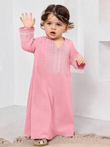 Gaun Panjang/Jubah Jalabiya Kasual Longgar Minimalis untuk Bayi Perempuan - Berwarna merah muda - View 3