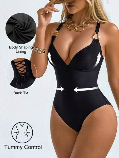 Shapewave Women's Solid Color Fitted Deep V-Neck Criss-Cross Back One-Piece Swimsuit 2026 New Women's Swimwear ArrivalFor School,Suitable For Holiday, Date, Afternoon Tea, Western, Cruise, Beach, Island, Road Trip, All Seasons, Music Festival, Boho Vacation,Bohemian Vacation, Chill Autumn ,Western Boho ,Elegant Tops For Women Shapewear With Adjustable Straps For An Elegant Slimming Effect.