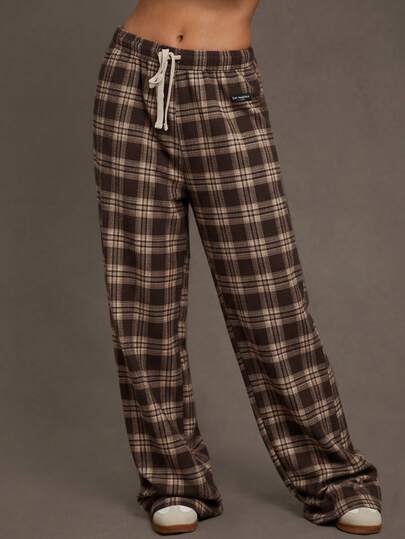 Siren Gaze Casual Vintage Elegant Commuting Versatile Warm Women's Lace-Up Brown Plaid Retro Loose Fit Comfortable Pants, Suitable For Autumn/Winter Carnival Plaid Pants Drawstring Pants