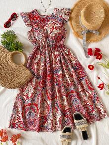 Sparklyn Đầm maxi ngắn tay, eo cao, in họa tiết Bohemian cổ điển dành cho bé gái tuổi teen, kiểu dáng thời trang và thanh lịch, thích hợp cho các buổi tiệc tùng ngày lễ, mùa xuân/hè. - Đỏ - Xem 4