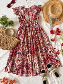 Sparklyn Đầm maxi ngắn tay, eo cao, in họa tiết Bohemian cổ điển dành cho bé gái tuổi teen, kiểu dáng thời trang và thanh lịch, thích hợp cho các buổi tiệc tùng ngày lễ, mùa xuân/hè. - Đỏ - Xem 7