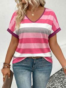 EMERY ROSE New Plus Size Women's Fashion Colorful Striped V-Neck Short Sleeve T-Shirt - Multicolor - View 6