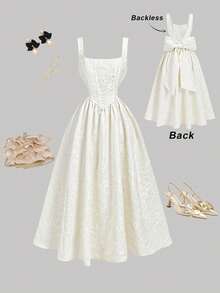 SHEIN MOD Women's Apricot Bowknot Dress,New Year's Eve Dress ,Party Dress ,Valentine's Day  ,Date Night Dress,Bowknot Dress,Tea Party Dress, Cream Dresses, Baby Shower Dresses, Baptism Outfit Women,Spring Break Outfits, Backless Dress Graduation Dress White Dress With Bows - Apricot - View 2