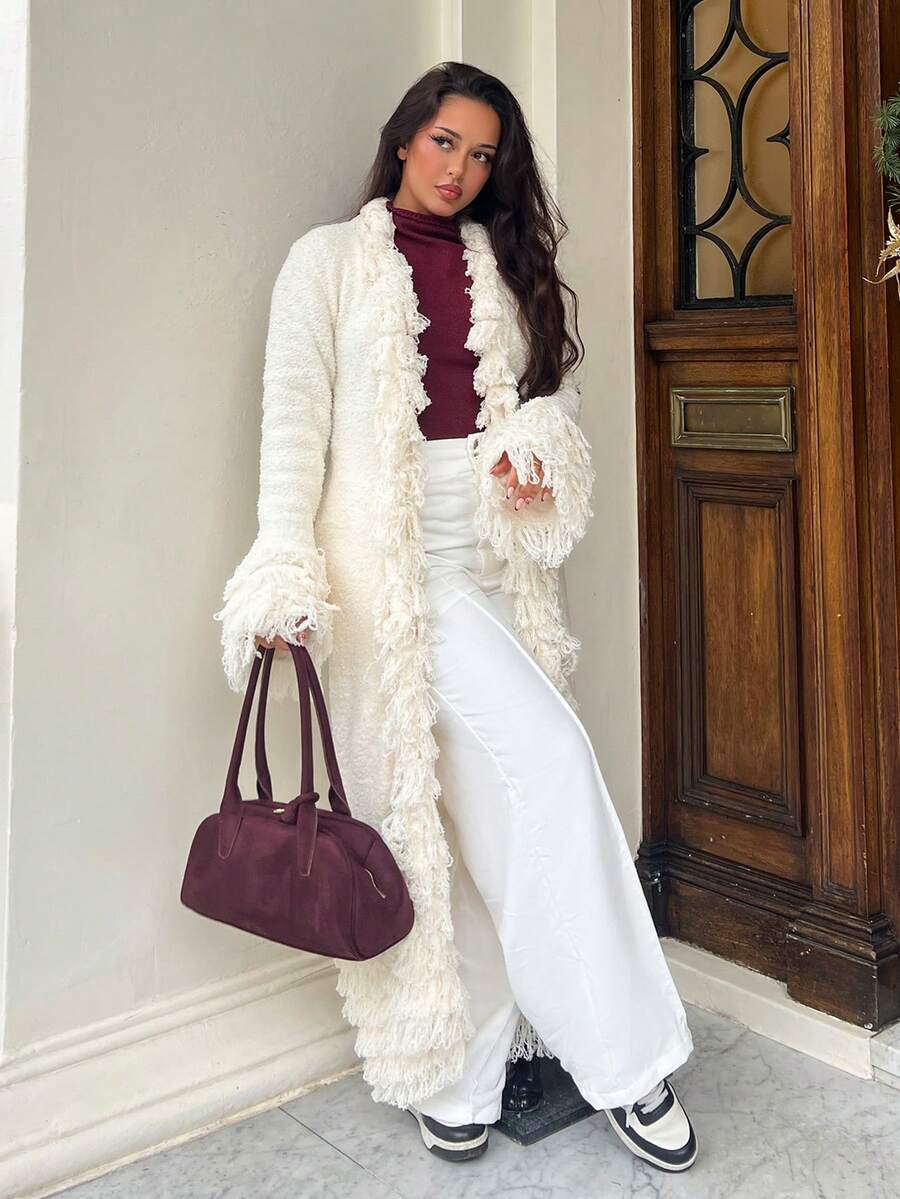 NegzBox Autumn/Winter Fashion Long Sleeve Cardigan With Tassel Belt - Apricot - View 1