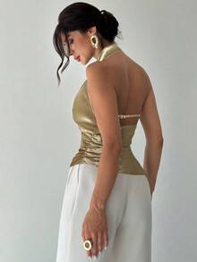 Firerie 女士新款优雅通勤衬衫，不对称领无袖露背吊带可调节纽扣装饰修身黑色办公衬衫，女士通勤衬衫，春夏服装，通勤，优雅，性感 - 金色 - 查看 9