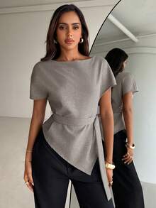 Aloruh 燕麦色露肩不对称短袖衬衫，卡其色收腰优雅商务通勤上衣 - 卡其色 - 查看 7