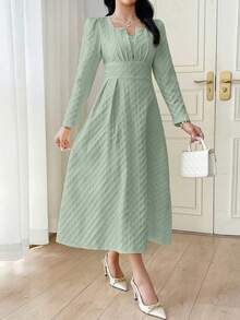 Modelyn 法式方领格纹提花褶裥连衣裙 - 灰藍色 - 查看 6