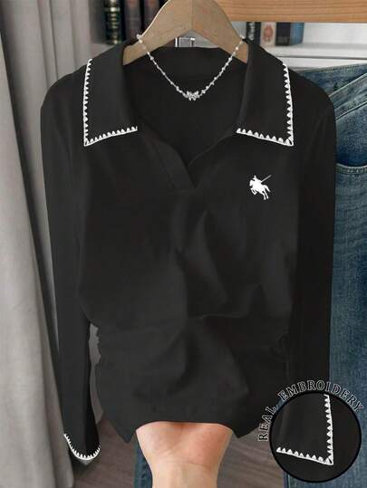 Resyla 女士骑士印花领长袖荷叶边休闲T恤