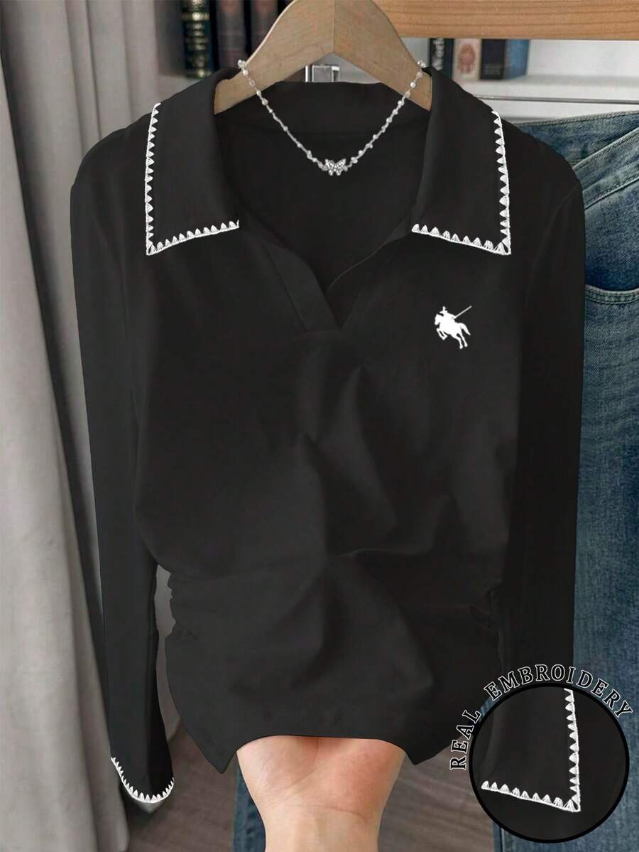 Resyla 女士骑士印花领长袖荷叶边休闲T恤 - 黑色 - 查看 1