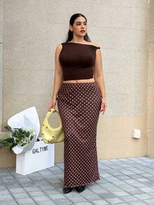 GalTyme Plus Size Elegant Polka Dot Print Fishtail Skirt, Suitable For Commuting - Brown - View 2