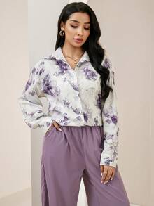 Veilorie Women's Elegant Commuter Floral Print Shirt And Solid Color Pants 2-Piece Set - Multicolor - View 6