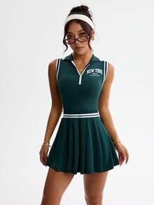 Dewbera 女士学院风罗纹圆领运动连衣裙 - 綠色 - 查看 6