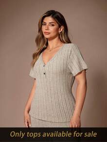 Lazeform 大码V领舒适修身短袖休闲上衣家居服 大码女式睡衣 大码睡衣 女士睡衣 大码睡衣 曲线睡衣 - 卡其色 - 查看 4