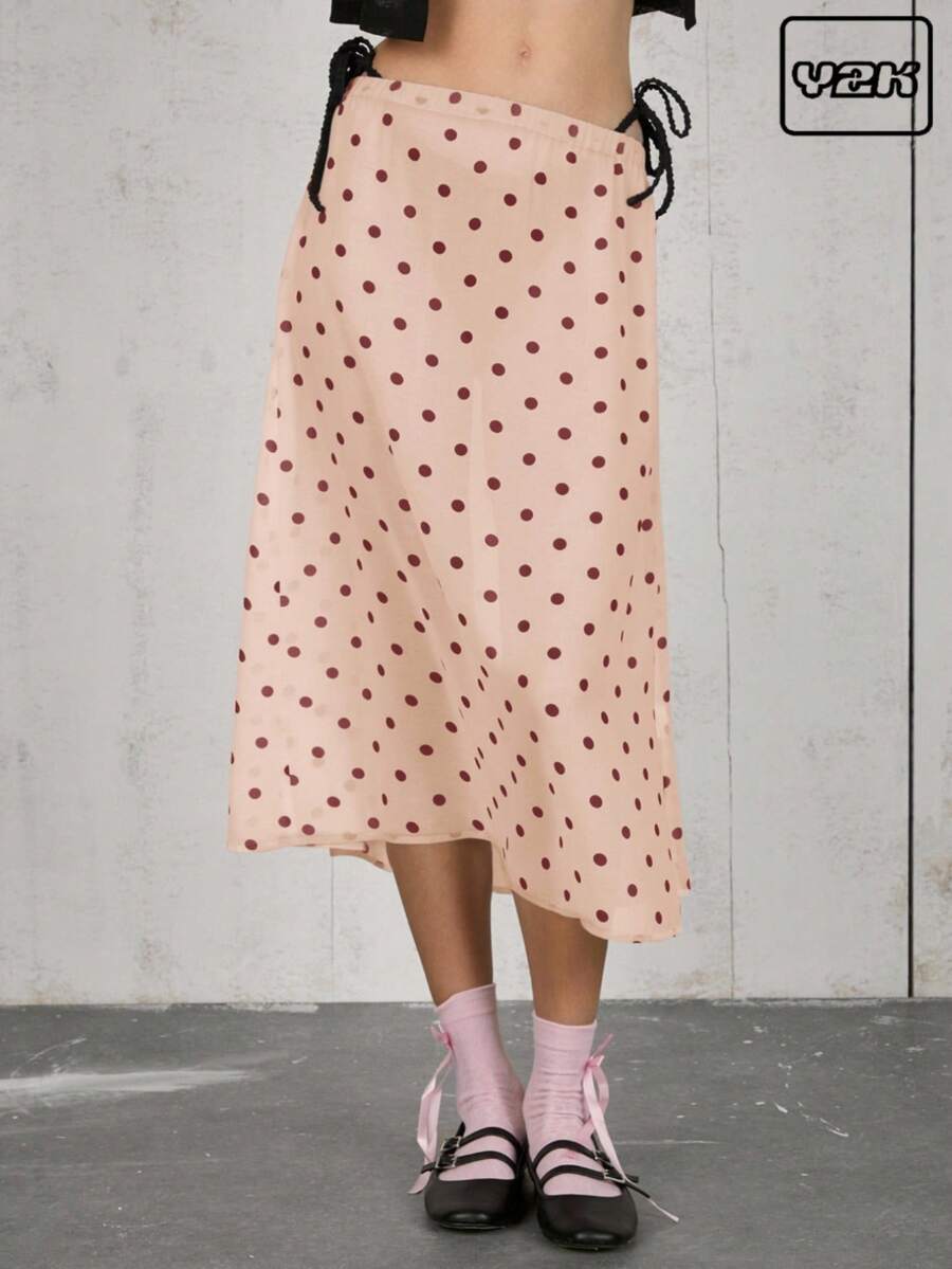 COUREZ 波尔卡圆点中长裙，Y2K 街头风夏季半身裙，可爱 - 粉色 - 查看 1