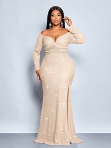 SOLERSUN 大码女士时尚优雅V领露肩鱼尾鸡尾酒会夜店紧身性感连衣裙，适合圣诞派对、度假、约会、秋冬季节穿着。长袖直筒V领，胸前褶皱，腰部设计，凸显臀部曲线，红色连衣裙，奢华晚礼服，闪亮连衣裙 - 杏色 - 查看 2