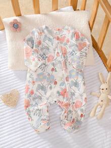 SHEIN Newborn Baby Girl Cute Bow Print Knitted Soft Casual Crew Neck Long Sleeve Footie Jumpsuit, Soft & Comfortable, Suitable For Valentine's Day Outfit And Gift - Multicolor - View 1