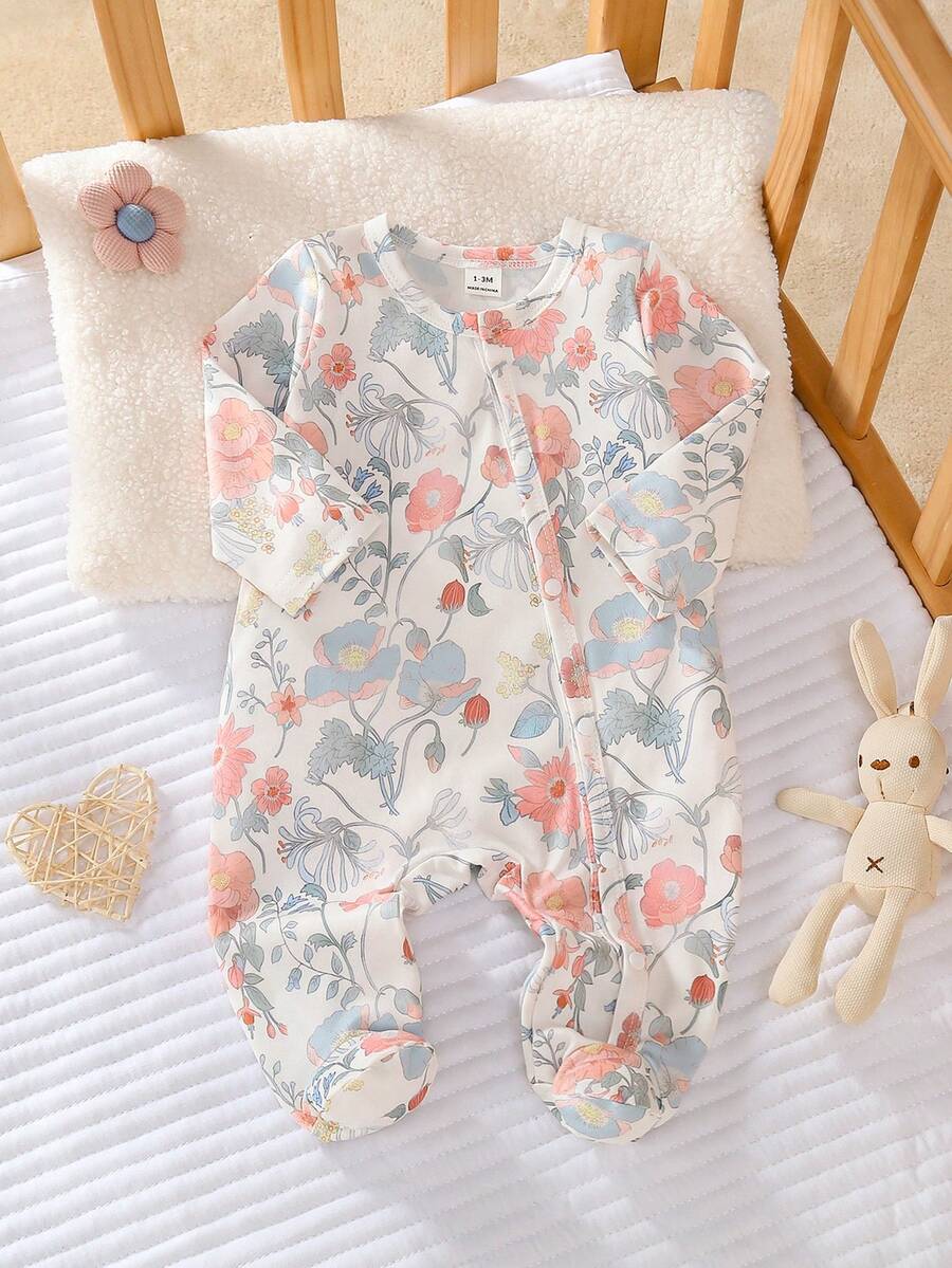 SHEIN Newborn Baby Girl Cute Bow Print Knitted Soft Casual Crew Neck Long Sleeve Footie Jumpsuit, Soft & Comfortable, Suitable For Valentine's Day Outfit And Gift - Multicolor - View 1