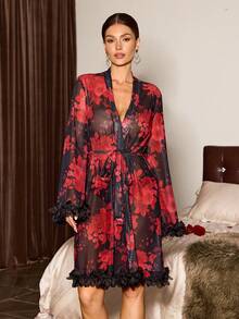 Slumberist Elegant Black Floral Print Sheer Mesh Robe For Women Sexy Thigh Length Long Sleeves - Black - View 8
